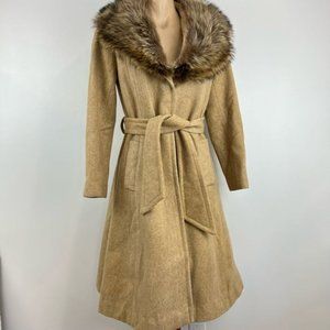 Vintage Penny Lane Wool Beige Winter Coat with Authentic Fur Collar XS